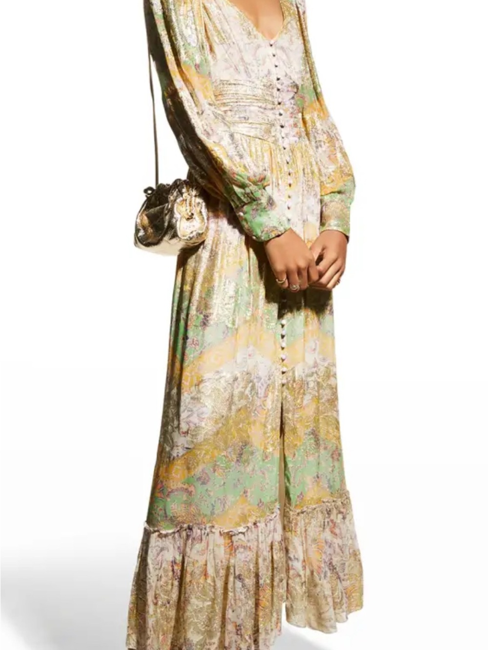 HEMANT & NANDITA Pastel Green and Gold Floral Button-Front Maxi Dress